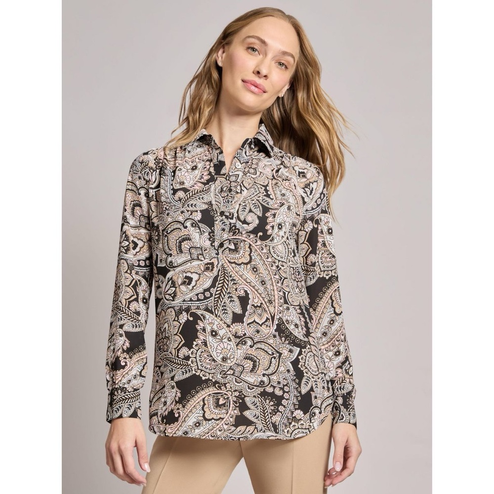 Jones New York Long Sleeve Collared Popover Blouse